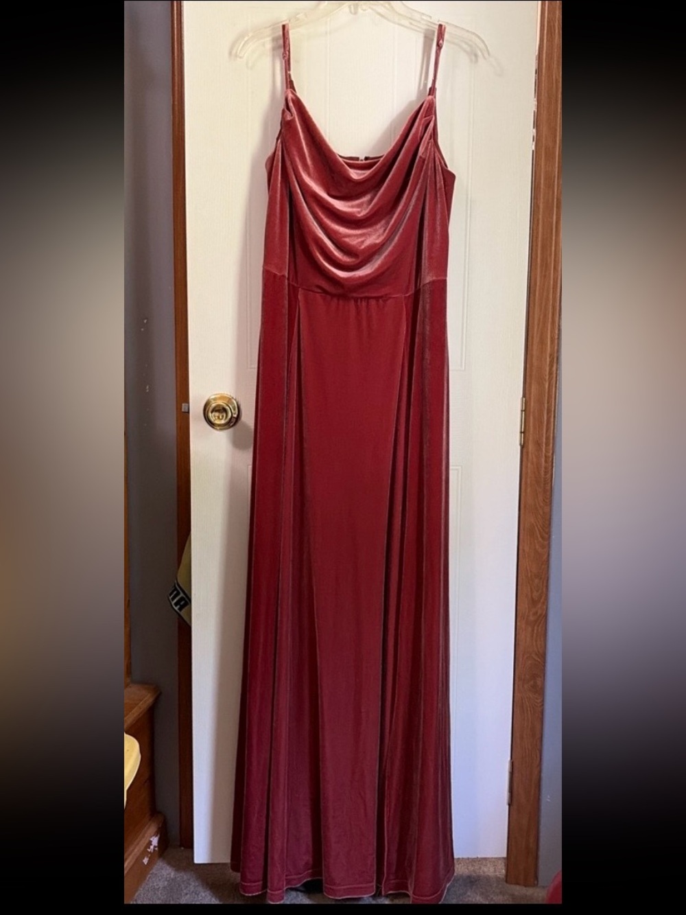 David's Bridal Red Velvet Cowl Neck Maxi Dress